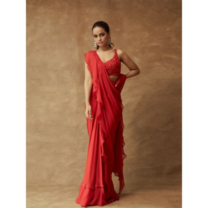 Pritika Vora Red Ruffle Saree with Three Dimensional Hand Embroidered Blouse with Stitched