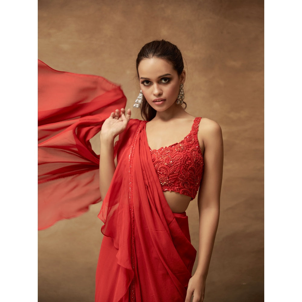 Pritika Vora Red Ruffle Saree with Three Dimensional Hand Embroidered Blouse with Stitched