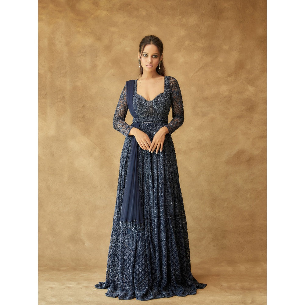 Pritika Vora Midnight Blue Full Sleeve Corset Style Anarkali with Dupatta & Belt (Set of 3)