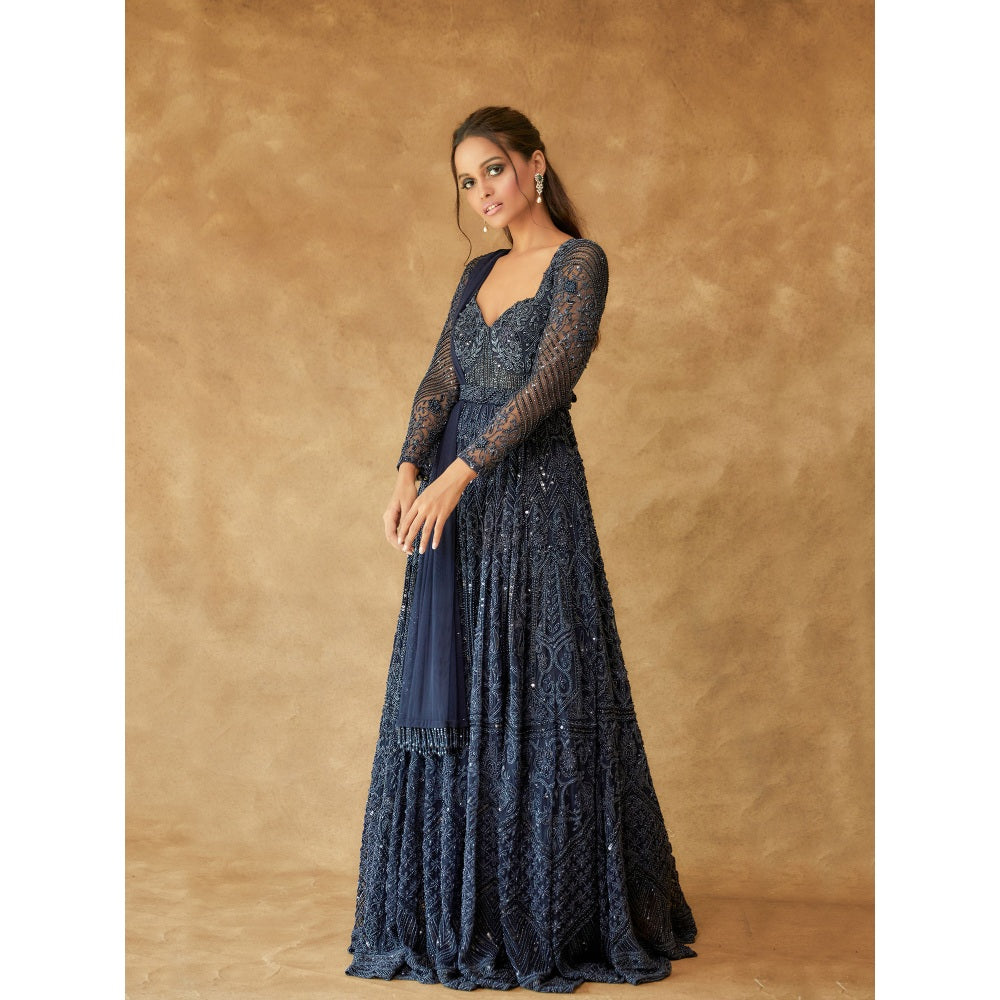 Pritika Vora Midnight Blue Full Sleeve Corset Style Anarkali with Dupatta & Belt (Set of 3)