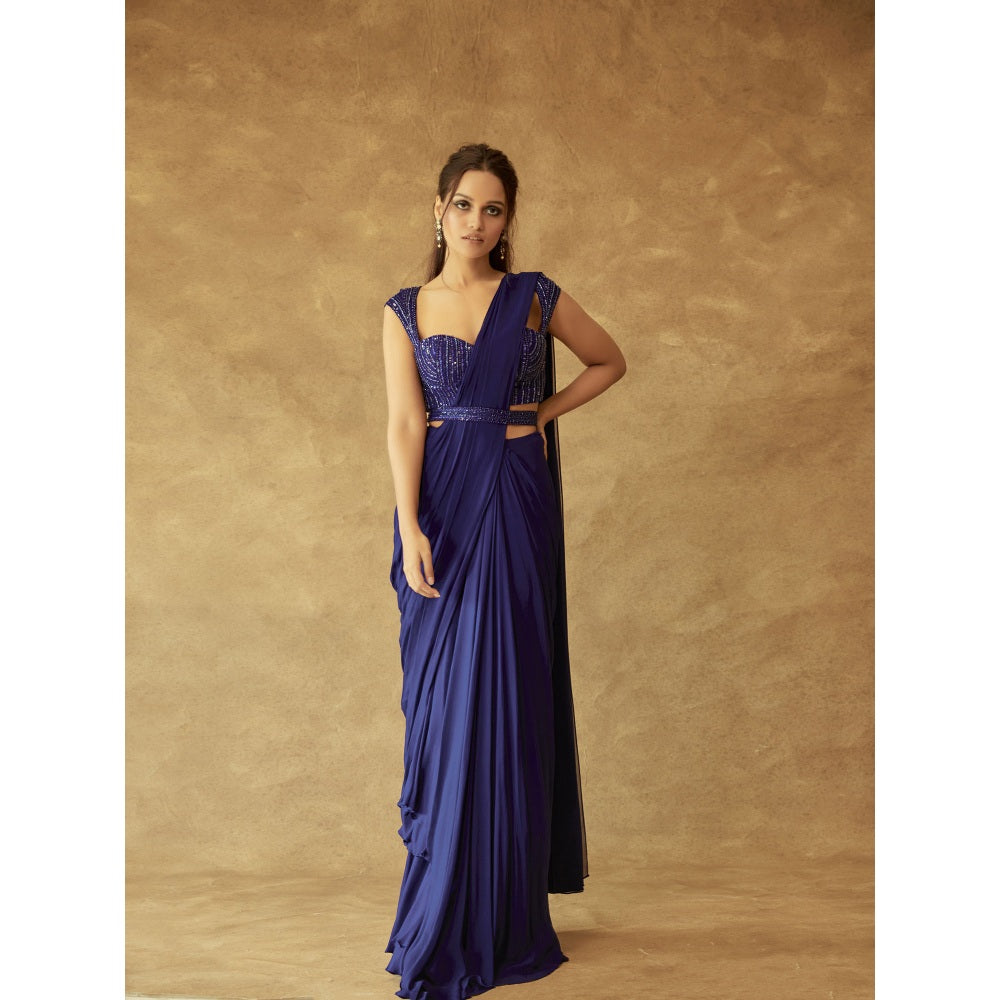 Pritika Vora Navy Blue Layered Saree with Corset Style Blouse & Belt with Stitched