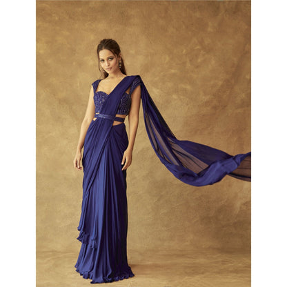 Pritika Vora Navy Blue Layered Saree with Corset Style Blouse & Belt with Stitched