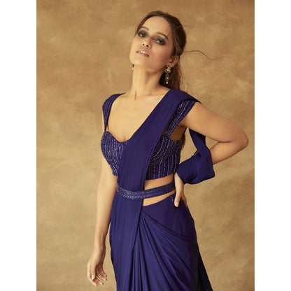 Pritika Vora Navy Blue Layered Saree with Corset Style Blouse & Belt with Stitched