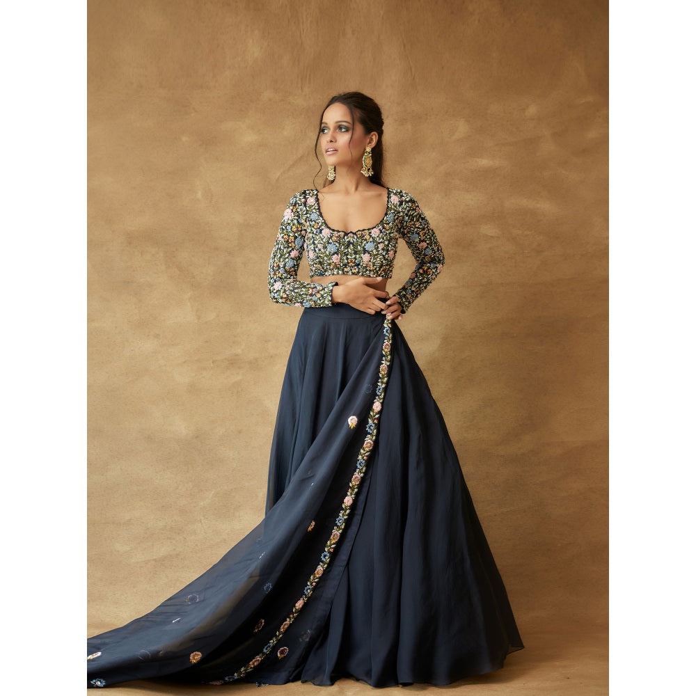 Pritika Vora Midnight Blue Lehenga Paired with Thread Embroidery Blouse & Dupatta (Set of 3)