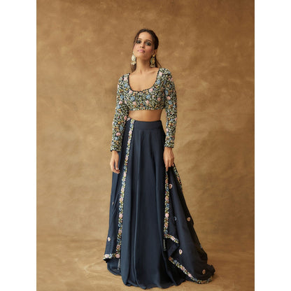 Pritika Vora Midnight Blue Lehenga Paired with Thread Embroidery Blouse & Dupatta (Set of 3)