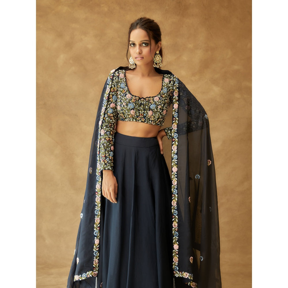 Pritika Vora Midnight Blue Lehenga Paired with Thread Embroidery Blouse & Dupatta (Set of 3)