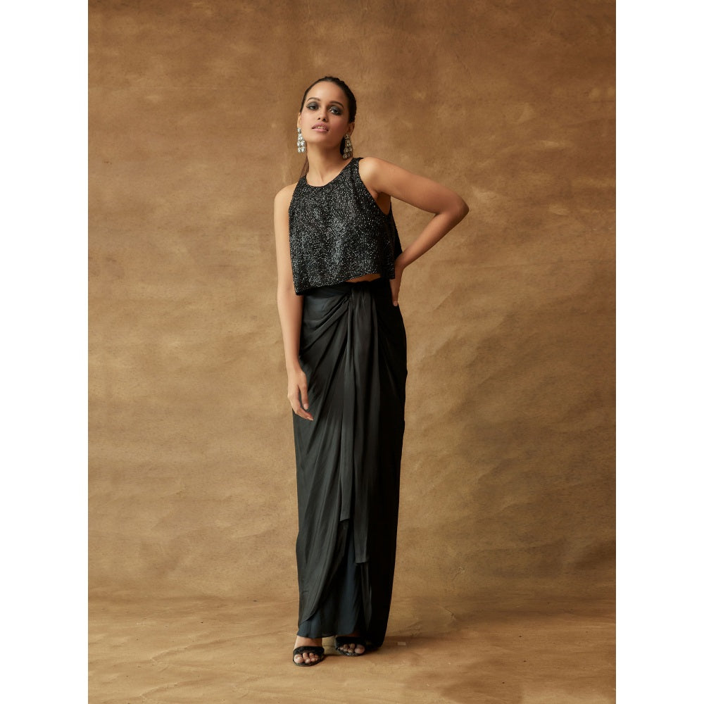Pritika Vora Black Sali Embroidered Crop Top with A Draped Skirt (Set of 2)