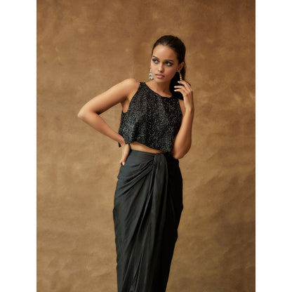 Pritika Vora Black Sali Embroidered Crop Top with A Draped Skirt (Set of 2)