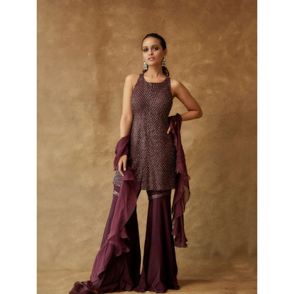 Pritika Vora Maroon Crystal Embroidered Sharara with Kurta & Ruffle Dupatta (Set of 3)