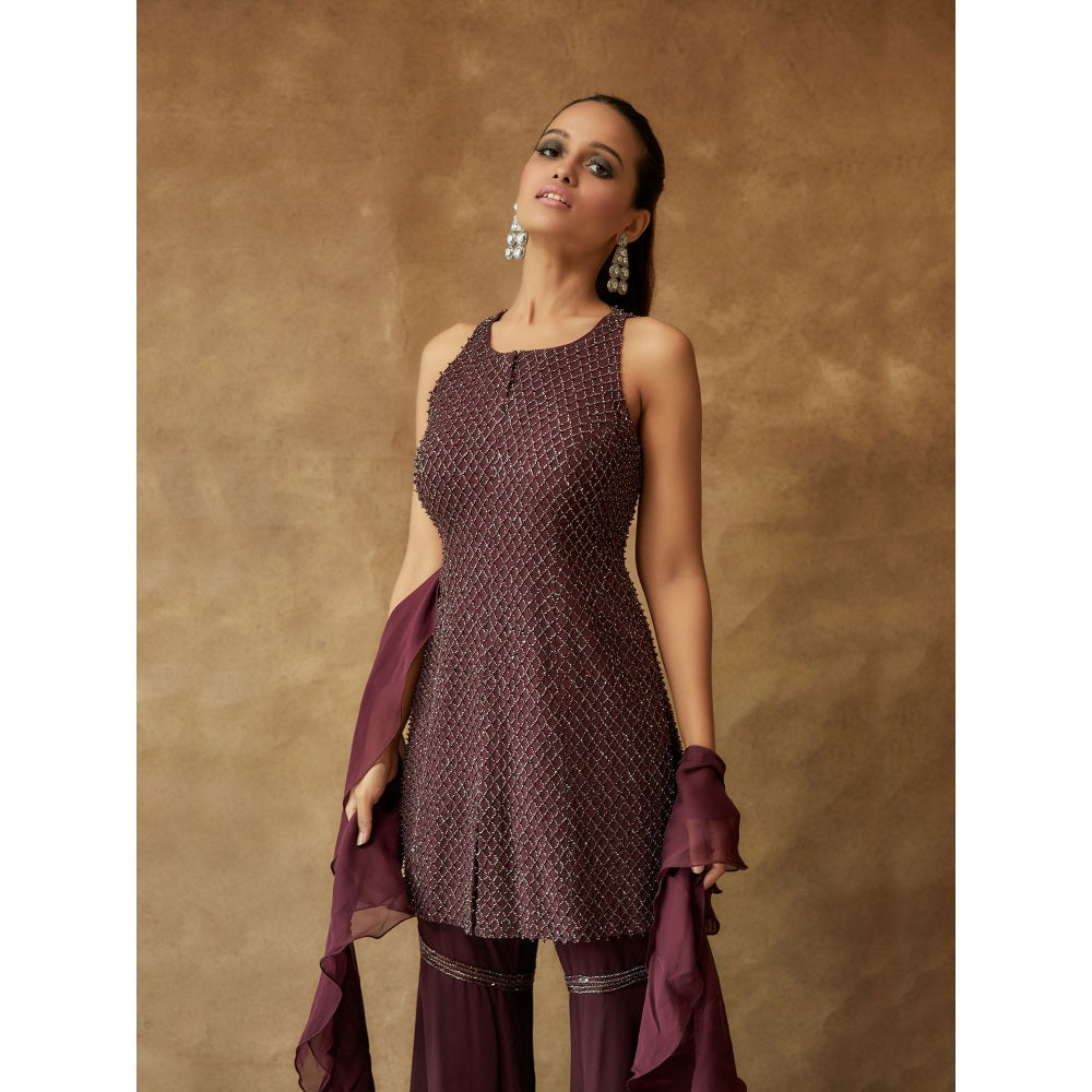Pritika Vora Maroon Crystal Embroidered Sharara with Kurta & Ruffle Dupatta (Set of 3)