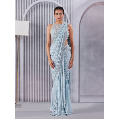 Pritika Vora Mirror Work Powder Blue Draped Saree with Blouse with Stitched