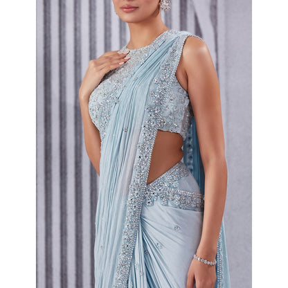 Pritika Vora Mirror Work Powder Blue Draped Saree with Blouse with Stitched