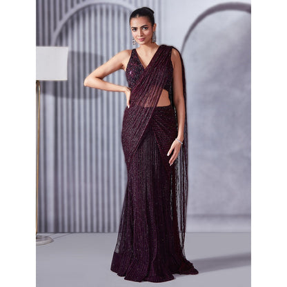 Pritika Vora Deep Wine Hand Embellished Saree with Blouse with Stitched