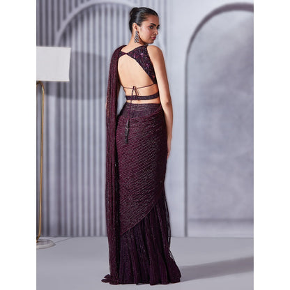 Pritika Vora Deep Wine Hand Embellished Saree with Blouse with Stitched