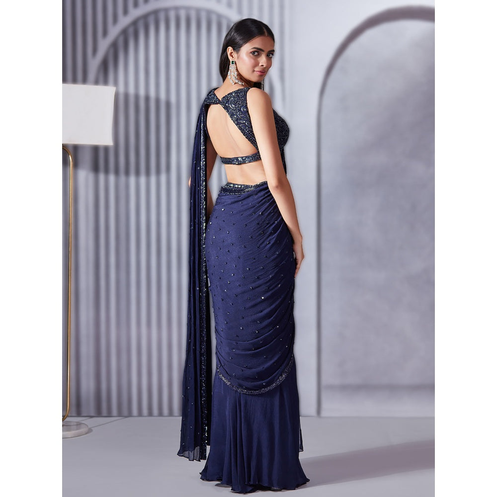 Pritika Vora Midnight Blue Sequin Saree with Blouse with Stitched