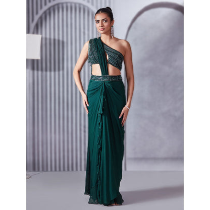 Pritika Vora Forest Green One-Shoulder Draped Saree with Blouse with Stitched