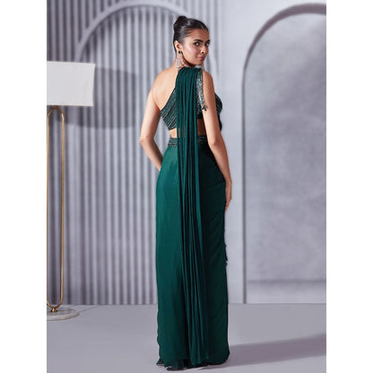 Pritika Vora Forest Green One-Shoulder Draped Saree with Blouse with Stitched