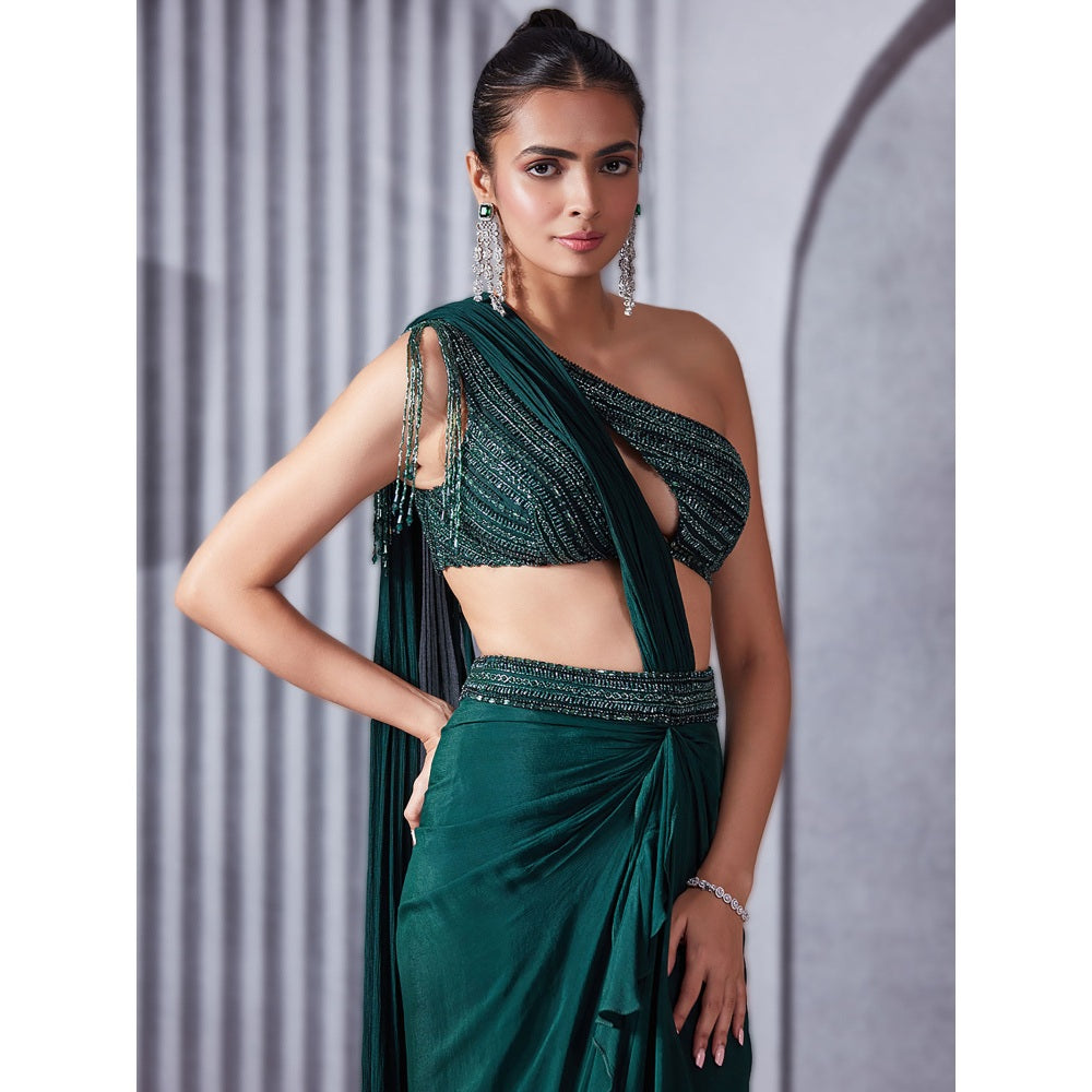 Pritika Vora Forest Green One-Shoulder Draped Saree with Blouse with Stitched