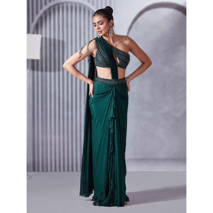 Pritika Vora Forest Green One-Shoulder Draped Saree with Blouse with Stitched