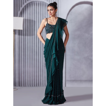 Pritika Vora Forest Green Sequin Ruffle Saree with Blouse with Stitched