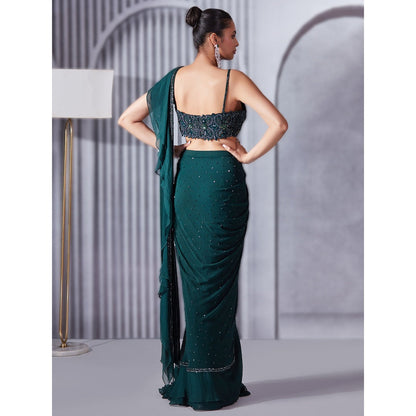 Pritika Vora Forest Green Sequin Ruffle Saree with Blouse with Stitched
