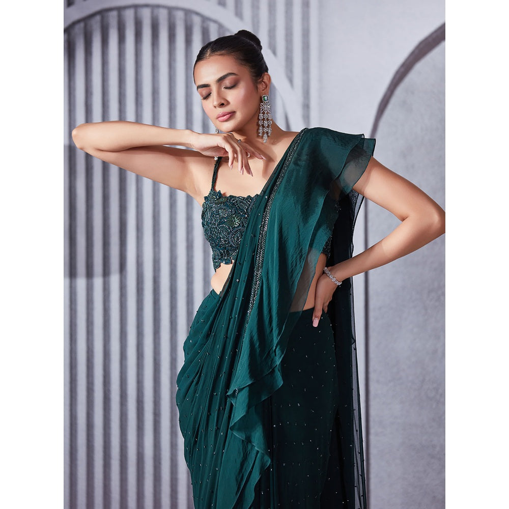 Pritika Vora Forest Green Sequin Ruffle Saree with Blouse with Stitched