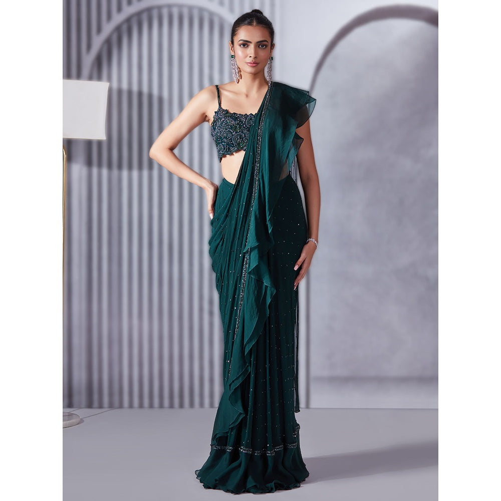 Pritika Vora Forest Green Sequin Ruffle Saree with Blouse with Stitched