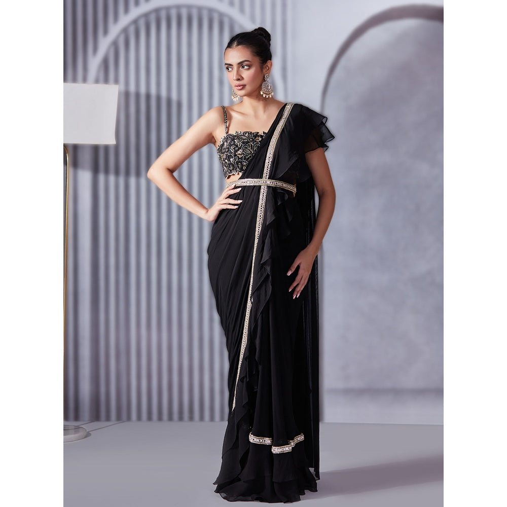 Pritika Vora Black Mirror Work Ruffle Saree with Blouse & Belt with Stitched