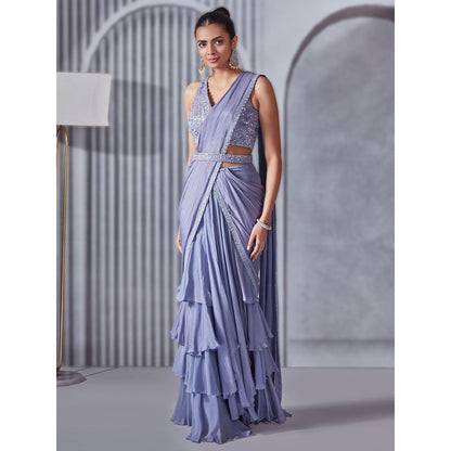 Pritika Vora Periwinkle Layered Saree with Blouse & Blet with Stitched