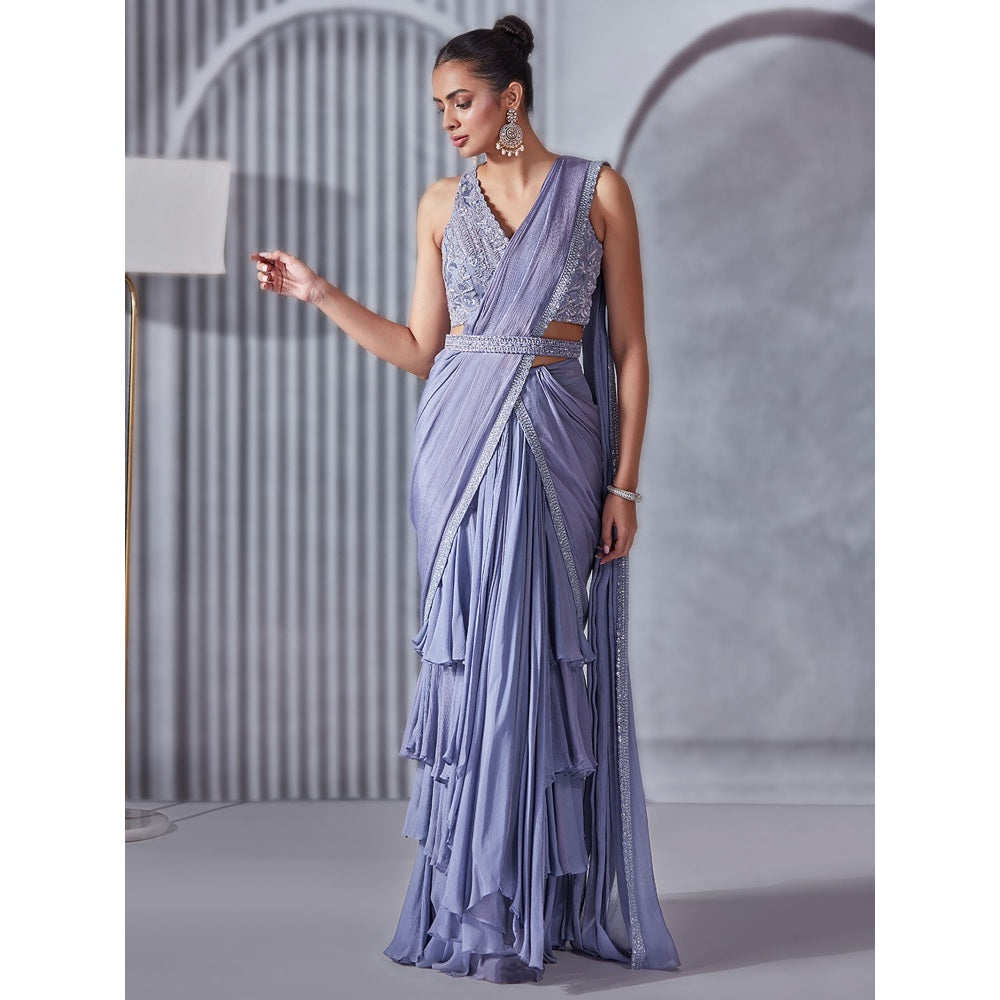 Pritika Vora Periwinkle Layered Saree with Blouse & Blet with Stitched