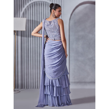 Pritika Vora Periwinkle Layered Saree with Blouse & Blet with Stitched
