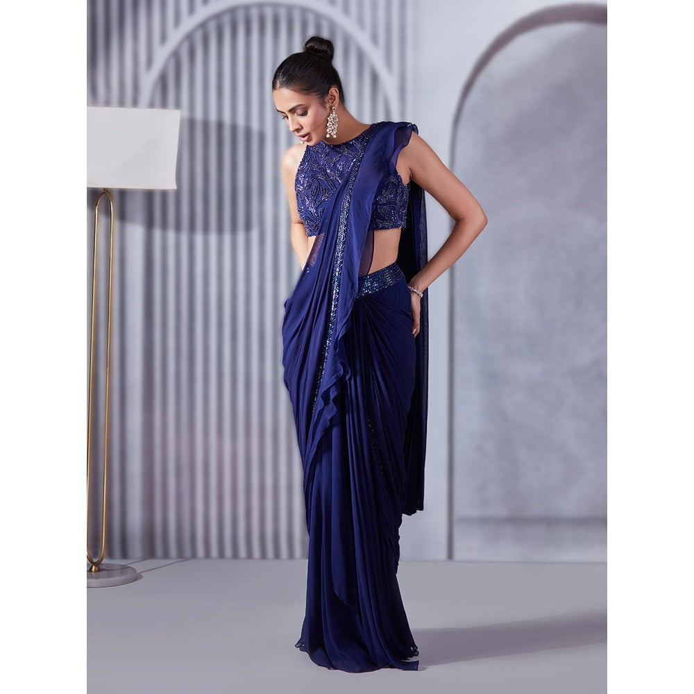 Pritika Vora Indigo Ruffle Saree with Blouse with Stitched