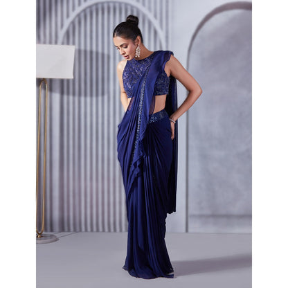 Pritika Vora Indigo Ruffle Saree with Blouse with Stitched