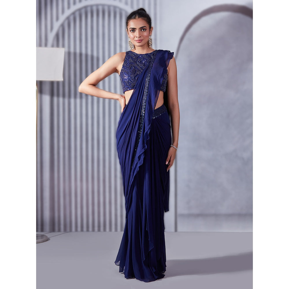 Pritika Vora Indigo Ruffle Saree with Blouse with Stitched