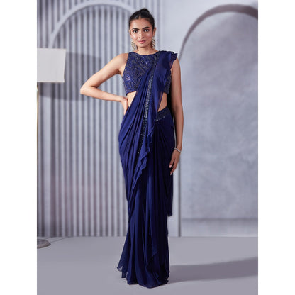 Pritika Vora Indigo Ruffle Saree with Blouse with Stitched