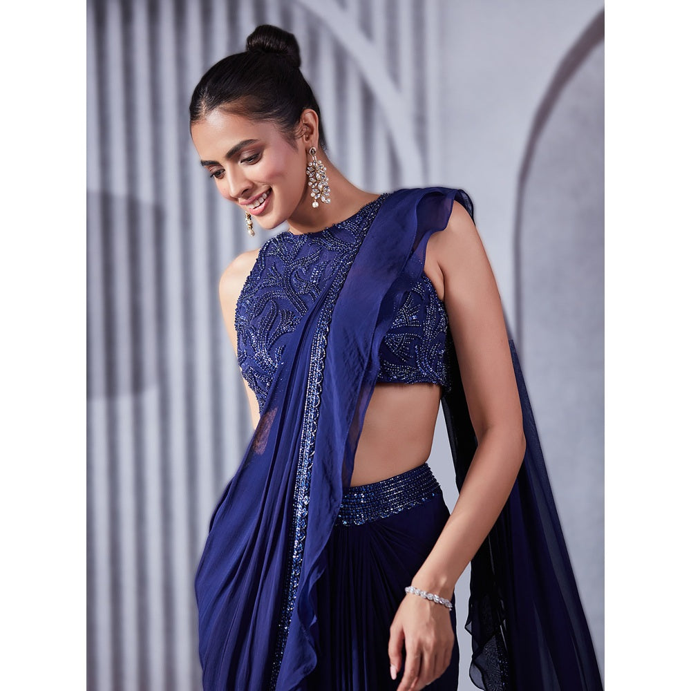 Pritika Vora Indigo Ruffle Saree with Blouse with Stitched