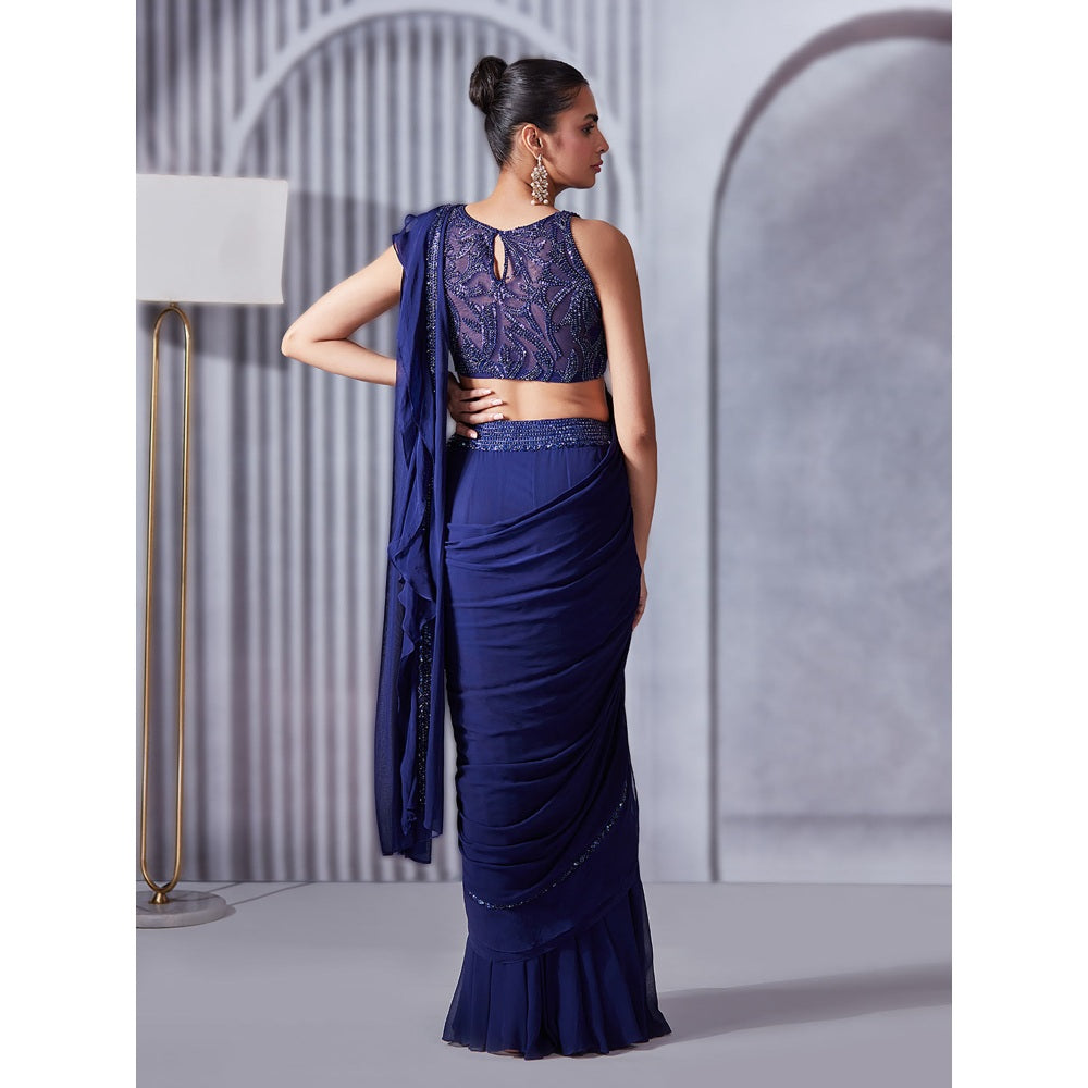 Pritika Vora Indigo Ruffle Saree with Blouse with Stitched