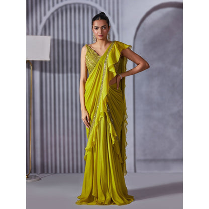 Pritika Vora Lime Green Ruffle Saree with Blouse with Stitched