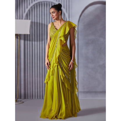 Pritika Vora Lime Green Ruffle Saree with Blouse with Stitched