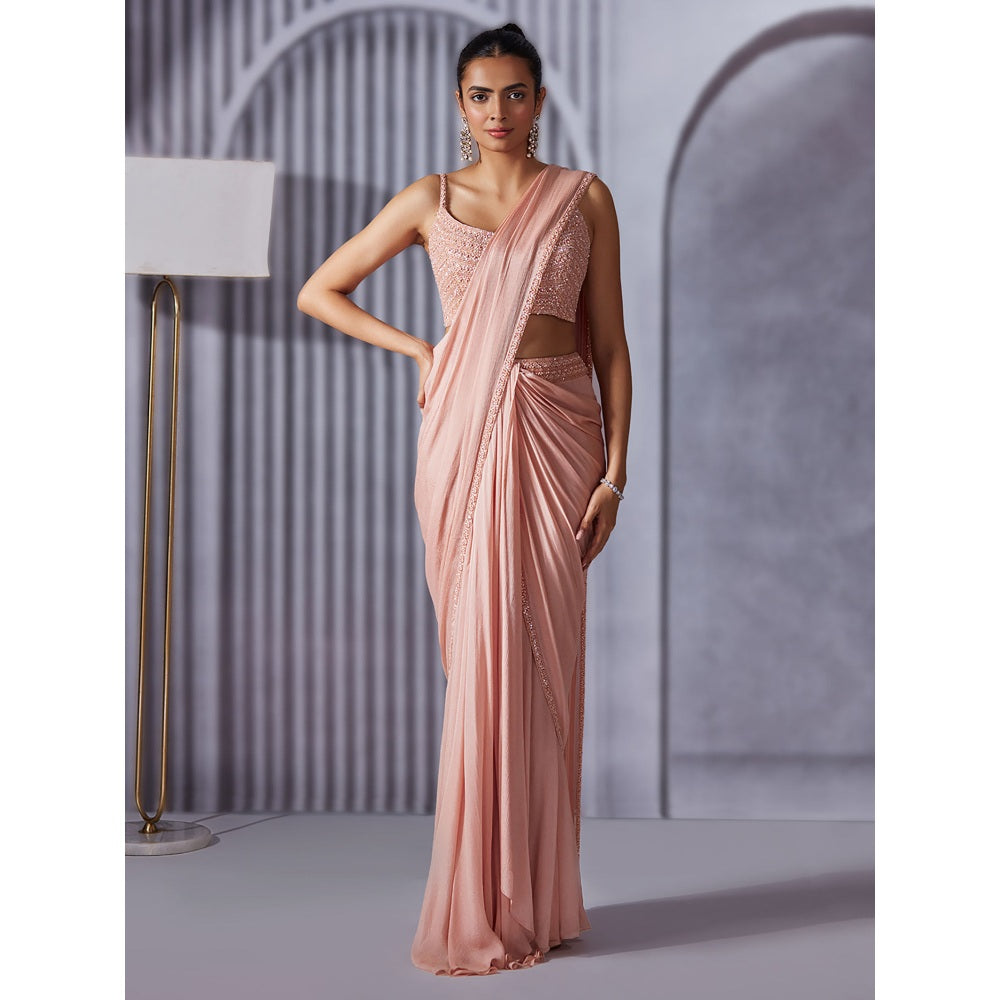 Pritika Vora Onion Pink Pearl Embellished Pre Draped Saree with Blouse with Stitched