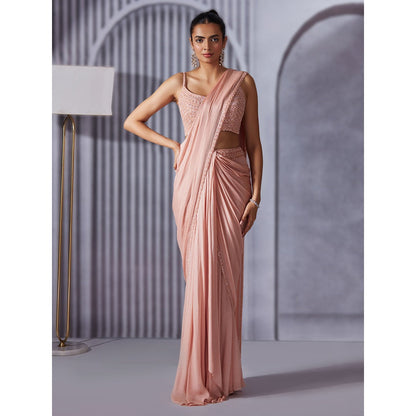 Pritika Vora Onion Pink Pearl Embellished Pre Draped Saree with Blouse with Stitched