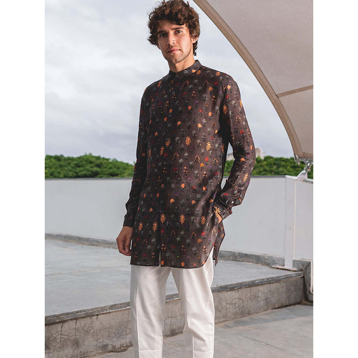 Project Bandi Charcoal Flora Cotton Shirt Kurta