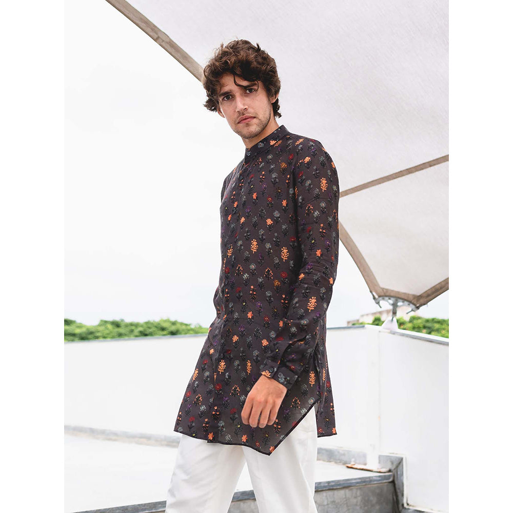 Project Bandi Charcoal Flora Cotton Shirt Kurta