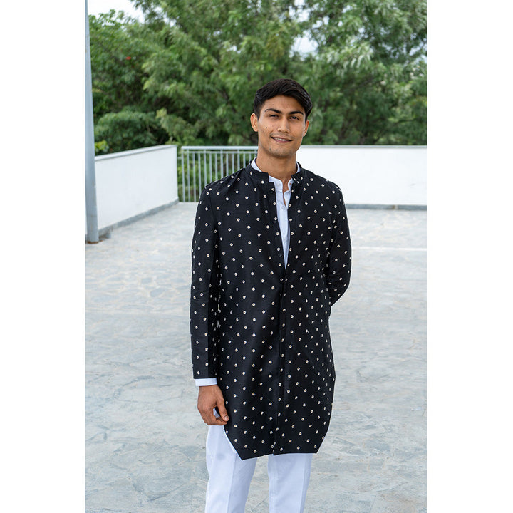 Project Bandi Black Dropped Dupion Silk Achkan With White Kurta Pajama (Set of 3)