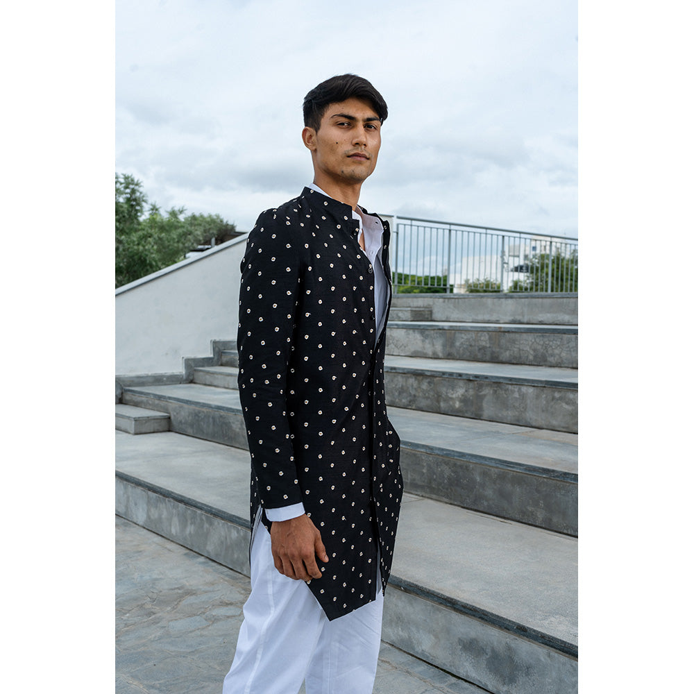 Project Bandi Black Dropped Dupion Silk Achkan With White Kurta Pajama (Set of 3)