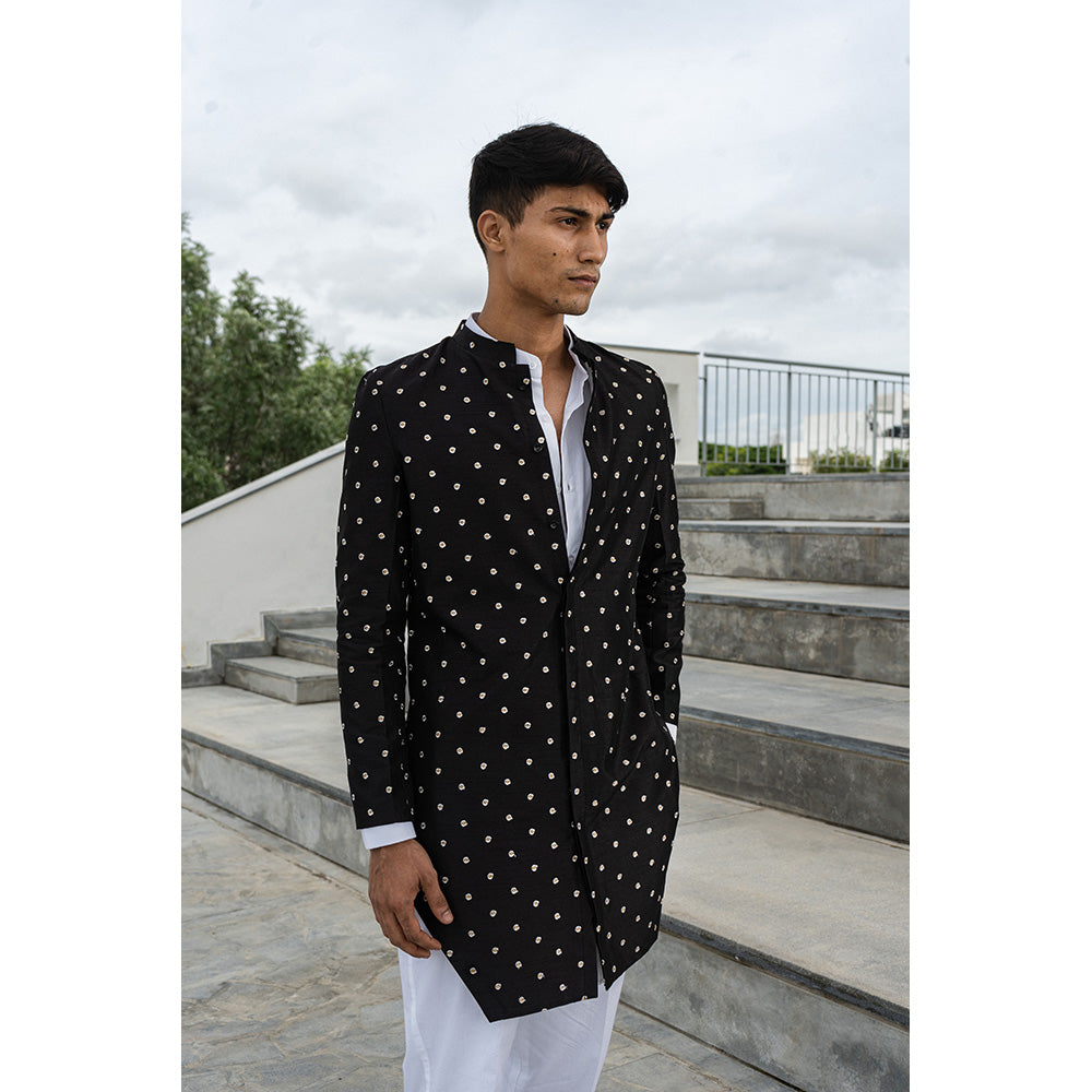 Project Bandi Black Dropped Dupion Silk Achkan With White Kurta Pajama (Set of 3)