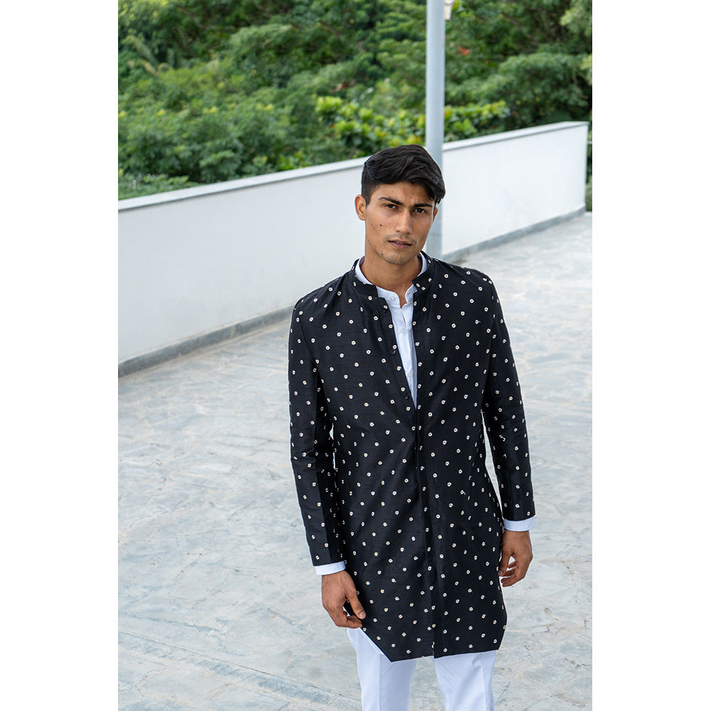 Project Bandi Black Dropped Dupion Silk Achkan With White Kurta Pajama (Set of 3)