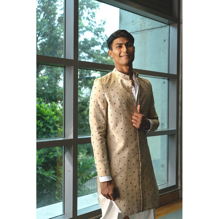 Project Bandi Beige Dropped Chanderi Achkan With White Kurta And Pajama (Set of 3)