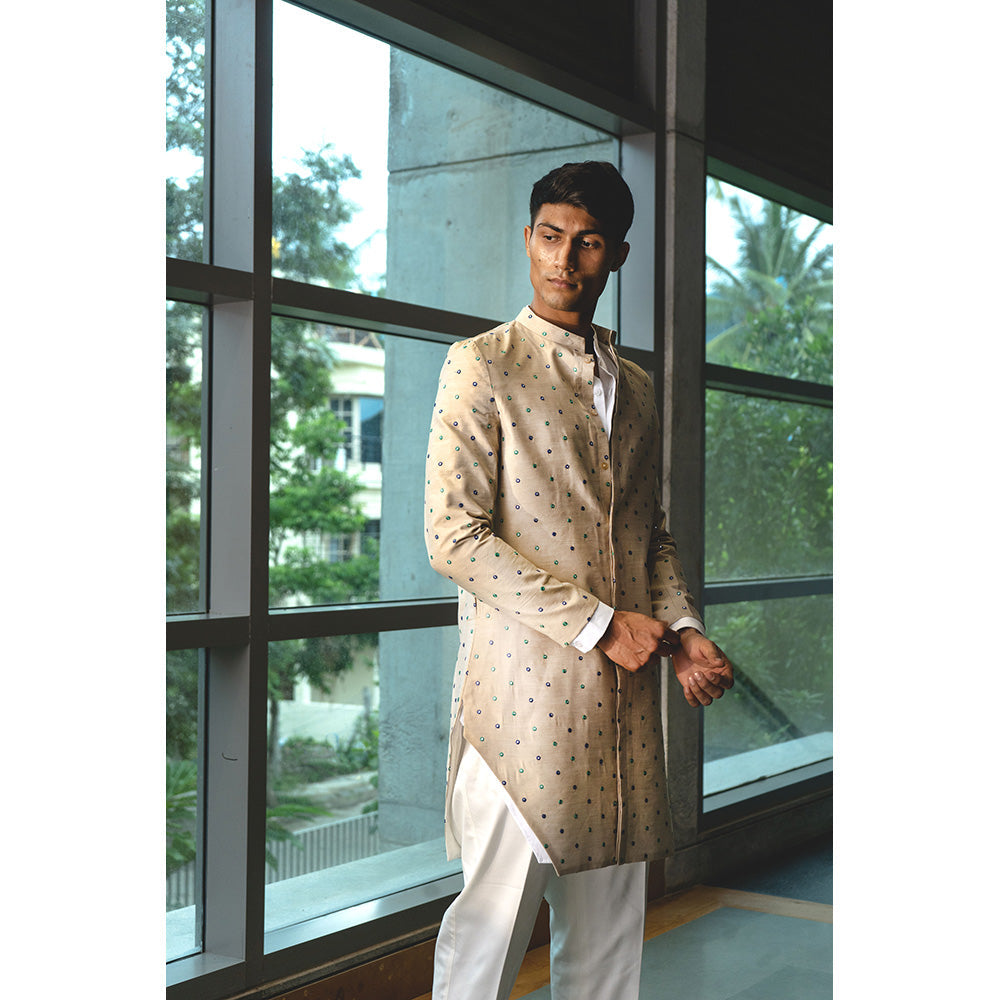 Project Bandi Beige Dropped Chanderi Achkan With White Kurta And Pajama (Set of 3)