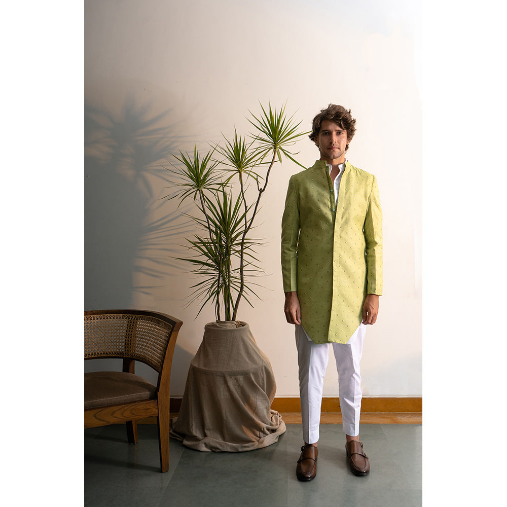 Project Bandi Lime Dropped Chanderi Achkan With White Kurta And Pajama (Set of 3)